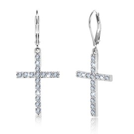 Sterling Silver Cross Dangle Earring for Women Silver Plated Cross Drop Earring with Cubic Zirconia for Men Hypoallergenic Leverback Dangling Earings