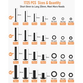 INCLY 1725PCS Metric Screw Assortment, M2 M3 M4 M5 Machine Screws, Black Nuts and Bolts with Lock & Flat Washers, Grade 12.9 Alloy Steel Hex Socket Head Cap Bolt Set with 4 Wrenches and 1 Tweezer