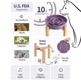 Addogyy Purple Elevated/Raised Dog Bowl Ceramic Slow Feeder with Wood Stand for Small Medium Large Dogs, 8.66 in Dog Dish to Slow Down Eating,Modern Heavy Slow Puppy Bowl for Fast Eaters