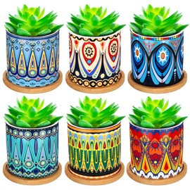 Zopeal 6 Pcs 3 Inch Succulent Pots Succulent Planters Cylinder Ceramic Pots Mandala Multicolor Cactus Pot with Drainage Holes and Bamboo Trays for Indoor Plants Flowers Garden Decoration(Basic)