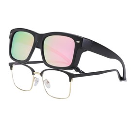 Long Keeper Polarised Over Sunglasses Men's Square Sunglasses Over Glasses Trendy Over Glasses for Glasses Wearers Travel Driving Fit Over Sunglasses, Black-pink