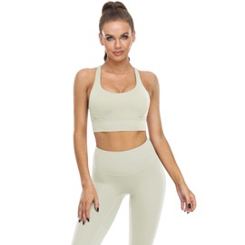 icyzone Women's Sports Bra Strong Hold Padded Training Yoga Top Fitness Gym Bra, Cream White