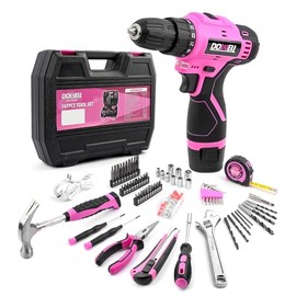 DOWELL 147 Pcs Pink 12V Drill Tool Set, Tool Kit with Cordless Drill