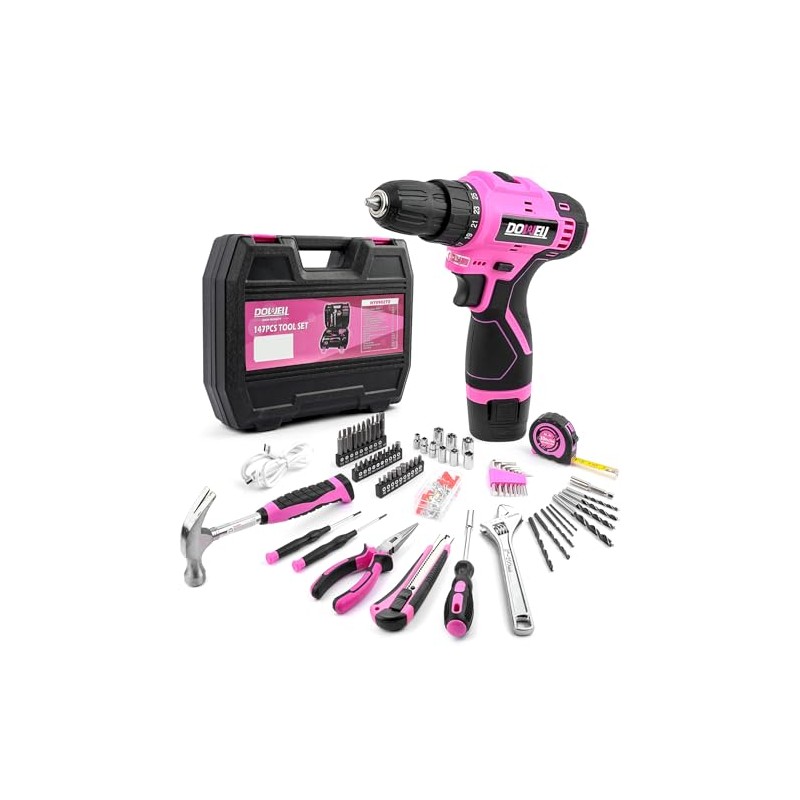 DOWELL 147 Pcs Pink 12V Drill Tool Set, Tool Kit