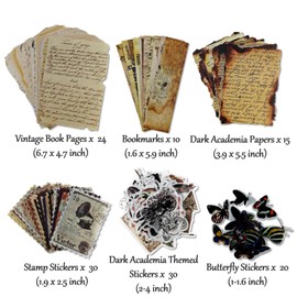 Vintage Aesthetic Scrapbook Supplies Kit with Scrapbook Paper, Stickers, Bookmarks for Scrapbooking, DIY Albums, Junk Journals, Bullet Journals, Dark Academia Aesthetic Decor (Dark2 129 Pcs)