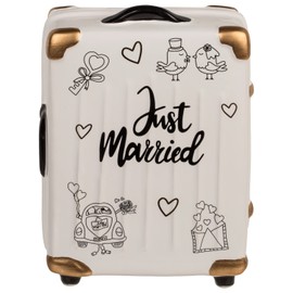 ootb Money Box - Ceramic Money Bank 'Just Married' Wedding Gift Trolley Suitcase - White/Black/Gold