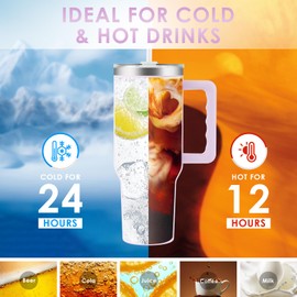 Ochapa 40 oz Tumbler with Handle and Straw Lid Leakproof Stainless Steel Vacuum Insulated Cup Keep Cold Coffee Tea Water Gifts for Women Lover Car Gym Travel, Pink