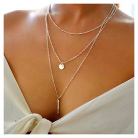 Andelaisi Boho Coin Necklace Choker Layered Metal Bar Pendant Necklace Silver Long Necklaces Chain Vintage Coin Disc Choker Necklace Jewelry for Women