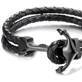 COOLSTEELANDBEYOND Steel Mens Women Black Marine Anchor Bangle Bracelet Genuine Black Braided Leather Wristband
