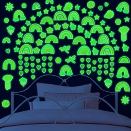 Robmoda Rainbow Wall Decal Glow in The Dark, Small Watercolor Heart Star Flower Stickers for Girls Room, Kids Boys Baby Nursery Decor