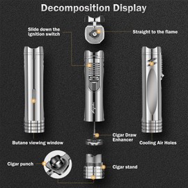 Cigar Lighter, Cigar Punch, Cigar Draw Enhancer, Cigar Holder,All-in-one Refillable Butane Torch Lighter. Cigar Accessories(Gas Not Included)