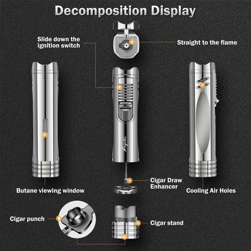Cigar Lighter, Cigar Punch, Cigar Draw Enhancer, Cigar Holder,All-in-one Refillable