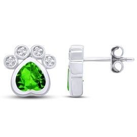 AFFY 14k White Gold Over Sterling Silver Heart Cut Simulated Emerald And Round White CZ, Paw Print Stud Earrings, Paw Print Earrings for Women Push Back Earrings