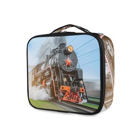 Steam Locomotive Train Rush Railway Large Women Makeup Bag, Train Toiletry Storage Case, Portable Coin Purse Holder Zipper Pouch Travel Cosmetic Organizer for Women and Girls