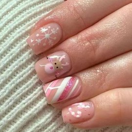 24Pcs Christmas Press on Nails Short Square Fake Nails with Elk Cane Snowflake Design False Nails Glue on Nails Pink White Glitter Candy Stripe Glossy Reusable Stick on Nails Acrylic Nails for Women