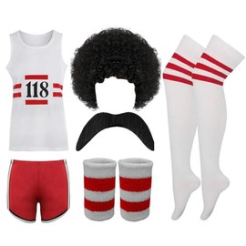 FAIRY BOUTIQUE Men Women 118 Fancy Dress Costume Vest + Shorts + Afro Wig + Tash + Socks + Wristband Set Marathon Retro Outfit (Unisex-118-Costume-6Pcs-Set, Large)