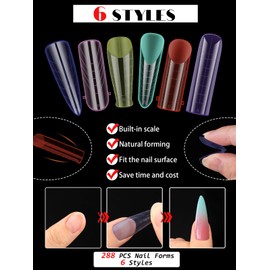 EBANKU 144 Pieces Polygel Tips Nail Shapes, Reusable Dual Tips Nails for Nail Extension, Acrylic Coffin Nail Extension Tips, Nail Tips Shape with 72 Pieces French Forms Stickers (6 Styles)