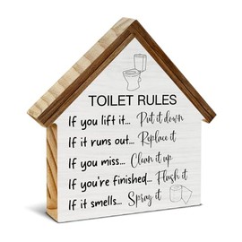 Bathroom Rules Decor, Funny Toilet Rules House Shaped Wood Block Sign, Rustic Farmhouse Bathroom Toilet Restroom Decor for Table Shelf