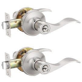 Bonpoly 2 Pack Silver Door Knobs, Interior Door Handle, Door Locks for Bedroom/Living Rooms, Keyed Alike Entry Door Handle, Satin Nickel Finish, Universal-Handed Door Lever, Unique Wave Design