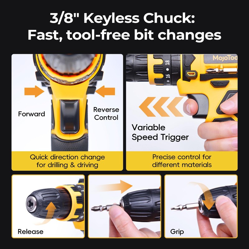 MoJoTools 20V Cordless Drill Set – 1×2.0Ah Battery, 3/8” Keyless