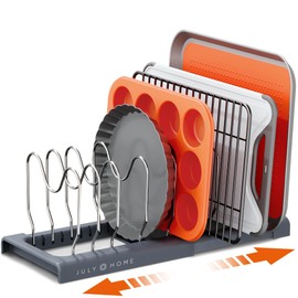JULY HOME Expandable Pot and Pan Organizer Rack for Cabinet, Pot Lid Organizer Holder with 7 Adjustable Compartments, Cutting Board, Cookware, Bakeware & Frying Rack Organizer for Cabinet (Gray)