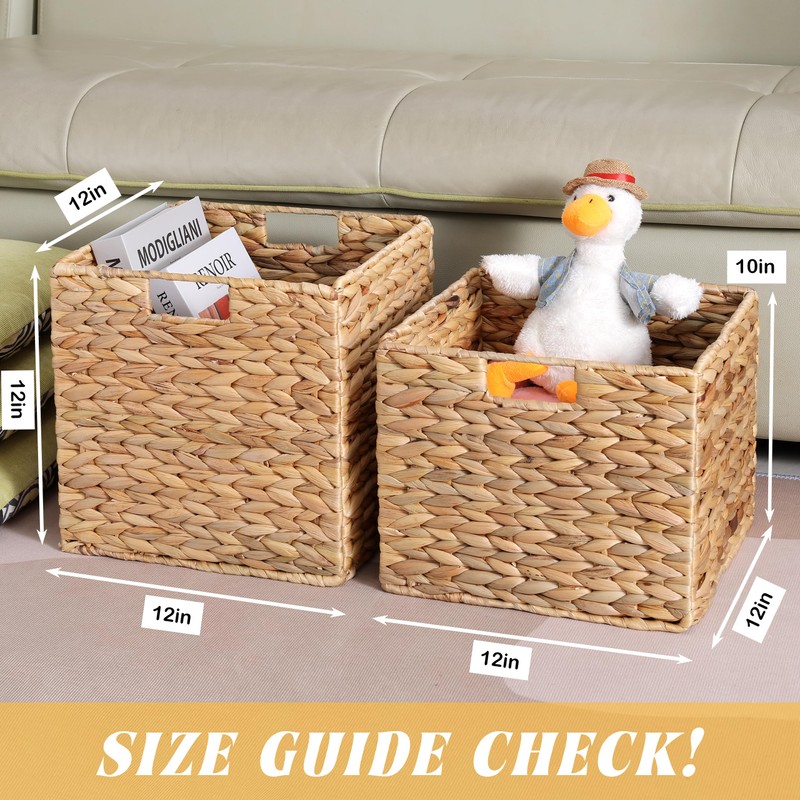 12x12x10in Water Hyacinth Storage Basket Large, Folding Cube Woven Wicker