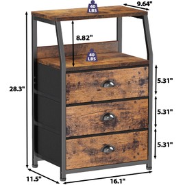 Furnulem Furnulem Nightstand with 3 Drawers and 2-Tier Shelf, Fabric Small Dresser Organizer Vertical Storage Tower for Bedroom, Closet, Hallway, Nursery, End Table Side Furniture, Sturdy Steel Frame, Wood Top