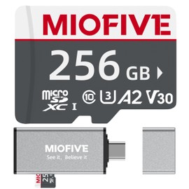 Miofive microSDXC Memory Card - Micro SD Card with USB 3.0 Type-C Card Reader 170MB/s, C10, U3, A2, V30, 4K for Dash Cams, Android Smartphones, Tablets, and Gaming Devices (256GB)