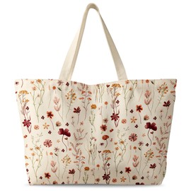 Miss Adola Large Tote Bag for Women - Canvas Tote Bag with Zipper Aesthetic Grow Flower Cotton Cloth Reusable Big Shoulder Bag for Shopping, Gym, Travel, Work