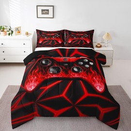 Boys Game Comforter Set Twin for Kids Gamer Gifts, 3D Geometric Gaming Bedding Sets for Game Room Decor Bedding Comforter Sets Flame Game Consoles Down Comforter Gaming Action Buttons Duvet Set Red