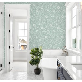 Guvana Peel and Stick Wallpaper Floral Wall Paper Boho Grayish Green and White Removable Self Adhesive Wallpaper for Bedroom Bathroom Contact Papaer for Cabinet Waterproof Vinyl Roll 17.3"×197"