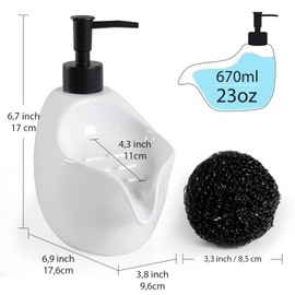 Autumnlife Soap Dispenser, White, 670 ml Washing Up Liquid Dispenser Kitchen with Sponge Holder, Large Liquid Hand Soap Dispenser with Sponge, Refillable Ceramic Soap Dispenser for Bathroom, Kitchen