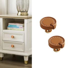 CcHhyyt 2 Pack Leather Cabinet Knobs Hand-Stitch Brown Round Leather Drawer Pulls Dresser knobs Pulls for Cabinets Cupboard Dressers Drawers Bedroom Brown Leather Cabinet Pulls