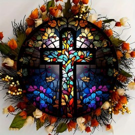 Unique Christian Cross Wreath Sign - Stained Glass Cross Rustic Metal Tin Sign Christian Decorative Wall Hanging Suitable For Home Room Cafe Bedroom Bar Round Art Aesthetic Holiday Gift 8 X 8