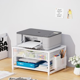 Marbrasse Metal Printer Stand for Desk with Storage Drawer and 2 Pen Holders, 2-Tier Desktop Organizer Printer Table for Home Office, Multi-Purpose Desk Organizer for Fax Machine Scanner Files(White)