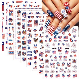 4th of July Nail Stickers Independence Day Nail Decals Self-Adhesive Red Blue American Flag Nail Designs Embossed Heart Star Lips Eagle Summer Nails Art Decoration for Women DIY 8 Sheets