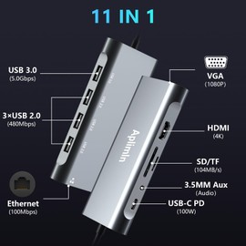 USB C HUB, 11-in-1 USB C Adapter with 4K HDMI and VGA, USB 3.0 Port, Type C PD, Ethernet RJ45, SD/TF Card Readers, 3.5 mm AUX, Compatible with MacBook Pro/Air