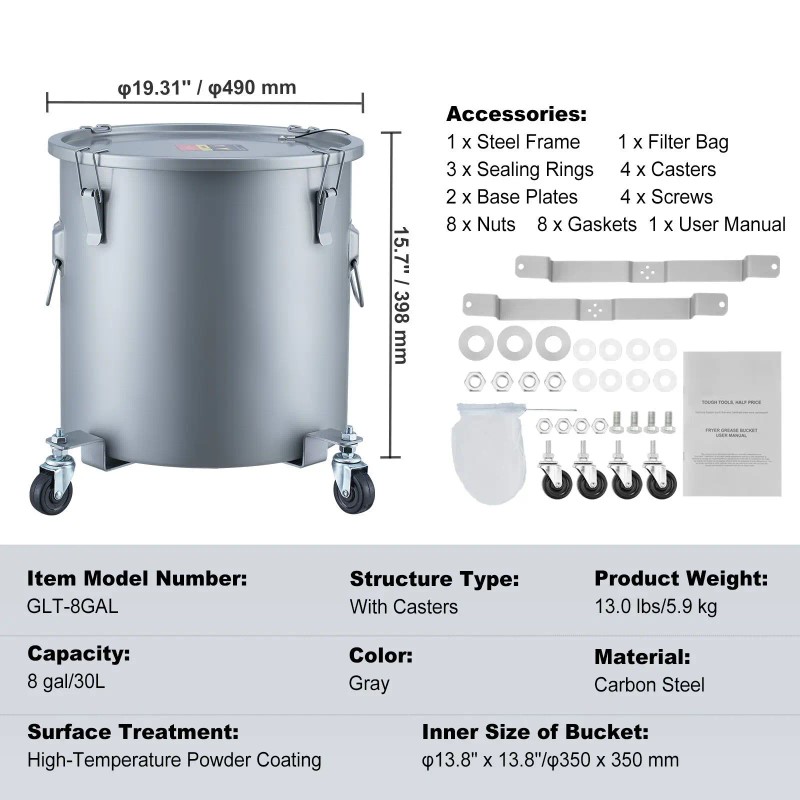 8 Gal Carbon Steel Fryer Grease Bucket Rust-Proof Coating Oil