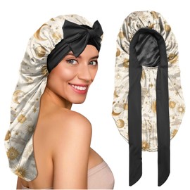 BHAHB Silk Feeling Long Satin Bonnet for Sleeping Adjustable Double Layer Elastic Reusable Long Hair Caps Cute Aesthetic for Women Girls-Sun