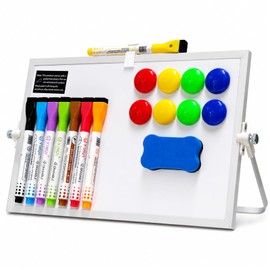 Foldable Desktop Magnetic Whiteboard 20x30 cm, Double Sided Dry Erase Board with Sturdy White Frame and Stand, 8 Pens, Eraser, 8 Round Magnets, Portable A4 Mini Writing Board for Home, Office, School