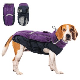 Queenmore Warm Fleece Dog Jacket, Cold Weather Waterproof Dog Snow Jacket with Leash Hole, Reflective Turtleneck Dog Snow Jacket Snowsuit, Dog Warm Coat for Small Medium& Large Dogs(Purple,L)
