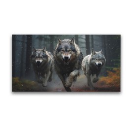 YONICA wolf Canvas Wall Art - Wolves Running In The Forest Gazing At Far Away, High Definition Giclee Artwork Ready to Hang Suitable for Living Room Bedroom 40'' L x 20'' W(100x50cm)
