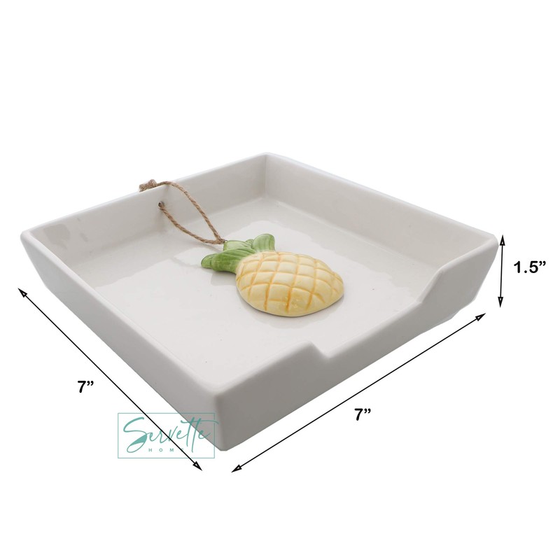 White Ceramic Lunch Napkin Holder with Roped Weight - Pineapple