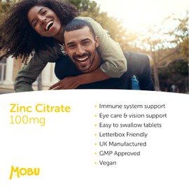 Zinc 100mg 120 Tablets Max Strength | Immune Function, Fertility & Healthy Bones, Vision, Hair, Nails and Skin | Zinc Supplement | Vegan UK Made | GMP Approved | MOBU
