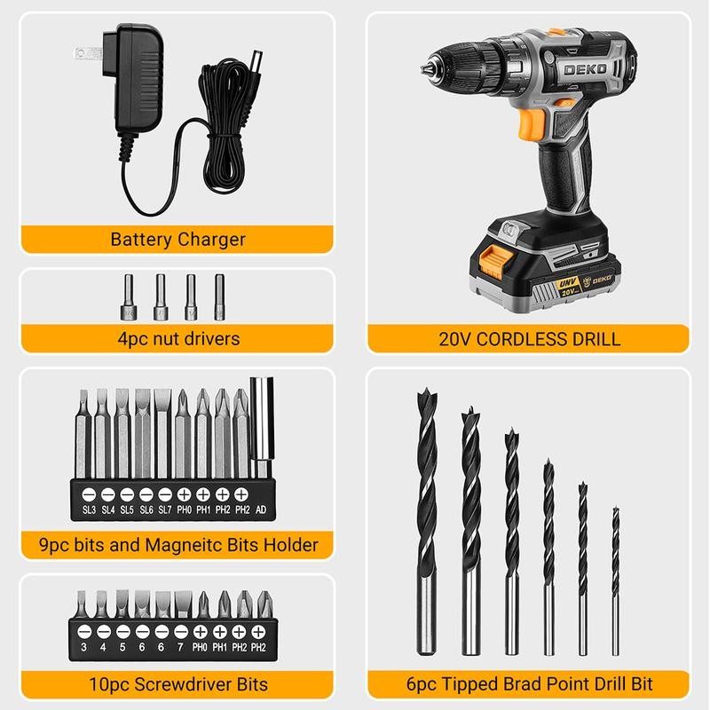 DEKO 20V Cordless Power Drill Set – Compact & Electric