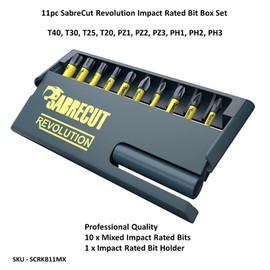 11 x SabreCut SCRKB11MX Professional Magnetic 32mm Pz1 PZ2 PZ3 PH1 PH2 PH3 T20 T25 T30 T40 Pozi Pozidriv Phillips Torx Impact Bits and 60mm Bit Holder in Storage Box