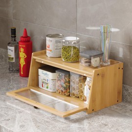 K KELBEL Bamboo Bread Box for Kitchen Counter，Bread Box with Clear Sliding Door, Wooden Large-Capacity Storage Bin, Bread Tray (Single-Layer Version)，FOOD STORAGE CONTAINER