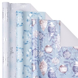 LeZakaa Christmas Wrapping Paper Roll - Mini Roll - 3 Rolls - 17 Inch X 120 Inch Per Roll - Silver & Grayish Blue Xmas Ornaments, Wreath, Snowflake Holiday Collection