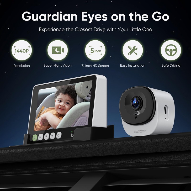 bonoch 5" 1440P Baby Car Camera - 360 Degree Rotating