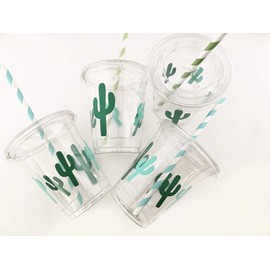 Cactus Party Cups - Set of 12 with Lids Paper Straws Birthday Fiesta Supplies